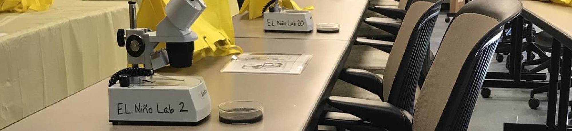 E.L. Niño Lab classroom with microscopes on tables